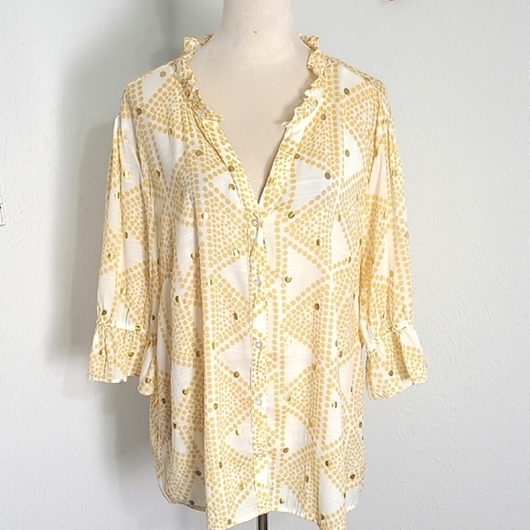 Alex & Parker Gold & White Dotted Buttondown Blouse, Ruffled Neckline, Size 2X - Picture 1 of 9